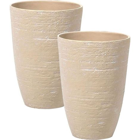 Lot de 2 Pots de Fleurs Jardin en Forme de Vase Haut en Pierre Beige Camia