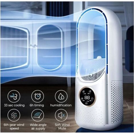 Ventilateur Electrique de Refroidissement Portable Sans Feuilles 6 Vitesses Climatiseur Minuterie Silencieuse Blanc (1/5)