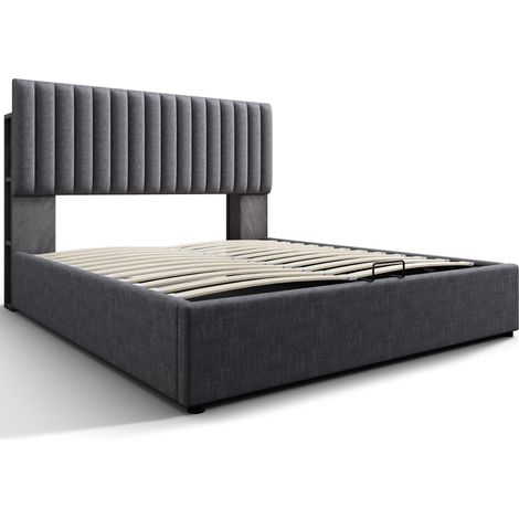 Polster-Doppelbett 140x200 cm mit Stauraum, LED und USB-/Type-C-Anschlüssen, Grau (1/5)