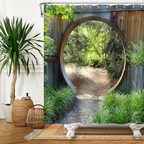 Verdure forêt Rideau de Douche Paysage Naturel Salle de Bain Rideau de Douche Rustique Arc Circulaire Jardin Porte en Bois pavé Chemin Baignoire décors Ensemble 12 Trous 175x178cm (1/5)