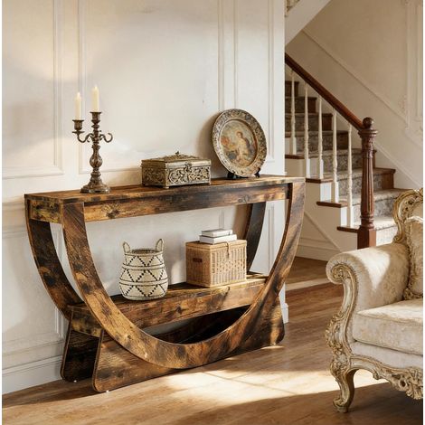 Console rustique à 2 niveaux avec étagère arquée, meuble TV en MDF marron foncé (1/5)