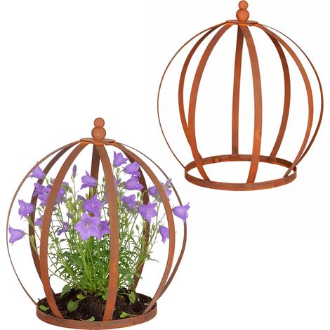 Relaxdays Perennial Support, 2-pack, Plant Crown for Perennials & Young Plants, HxD 35 x 30 cm, Corten Steel