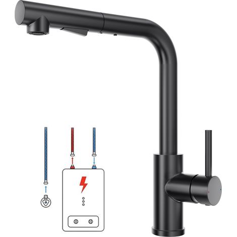 Lonheo Schwarz Niederdruck Küchenarmatur 360° Drehbar, Wasserhahn Niederdruck Schwarz Einhebelhahn aus Edelstahl, Spülenmischer Mischbatterie Untertischboiler Kaltes und heißes Wasser (1/5)