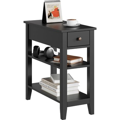 Table d'Appoint avec 1 Tiroir et 2 Étagères, Table de Chevet avec Rangement, Bout de Canapé Étroit pour Salon et Chambre, Idéale pour Petits Espaces, Noire (1/5)