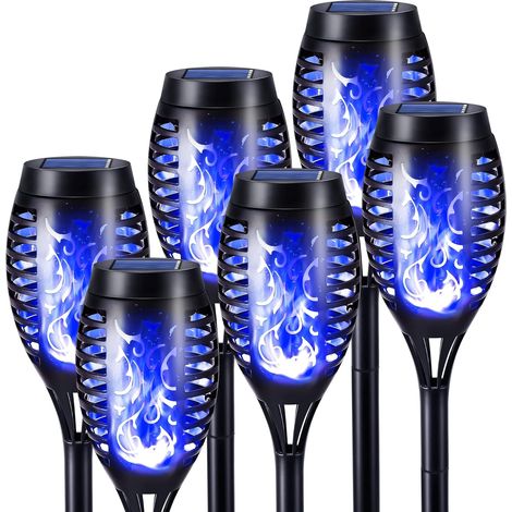 Lot de 6 lampes torches solaires à flamme bleue vacillante pour décorations d'Halloween : jardin, terrasse, allée.-AquaForge