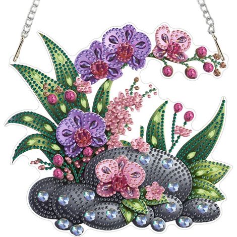 DIY Diamant Painting Anhänger Orchideen mit Kette, Fensterbild Hängedekoration 20x20cm (1/4)