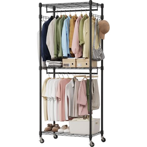 75cm L Porte-vêtements autoportant réglable avec double tringle et roulettes – Étagère métallique robuste pour vêtements, chaussures et accessoire (1/5)