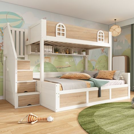 Lit superposé enfant 90/140x200 cm, avec rangement hydraulique, compartiment de rangement, sommier à lattes ×2, bois blanc/naturel (1/5)
