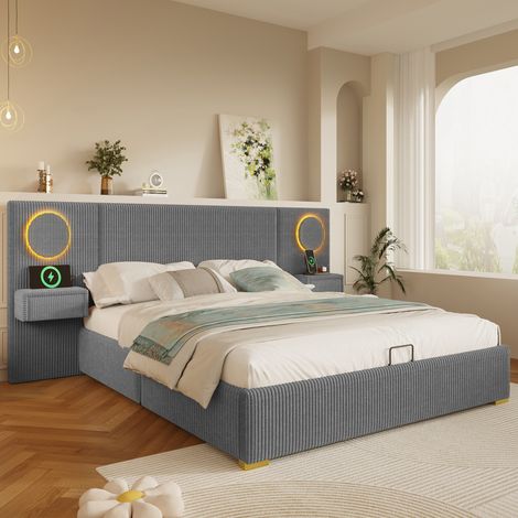 Lit coffre rembourré 180x200 cm Lit double avec tête de lit LED, rangement hydraulique, ports USB, tablettes latérales, sommier à lattes,velours gris (1/5)
