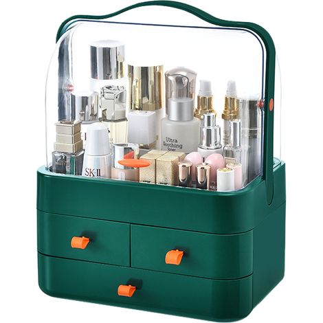 Kosmetikaufbewahrungsbox mit geschlossener Schublade, die auch als Display für Hautpflegeprodukte dient. Vielseitig einsetzbar. Grün, 1 Stück. (1/5)