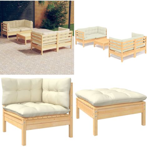 5-tlg. Garten-Lounge-Set mit Creme Kissen Kiefernholz - Gartensessel - Gartenloungesessel - Kiefernholz Möbel - Outdoor Furniture - Loungeset - Home & Living (1/5)