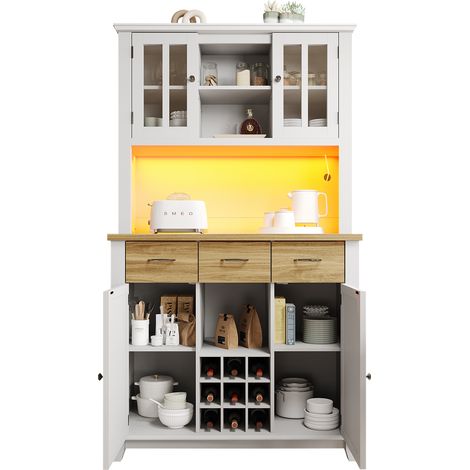ELVMI Credenza Cucina Alta con 6 Vani, 1 Cassetto, Portabottiglie per 9 Bottiglie e LED per Cucina, in MDF, Bianco, 106 x 40 x 179.5 cm (1/5)