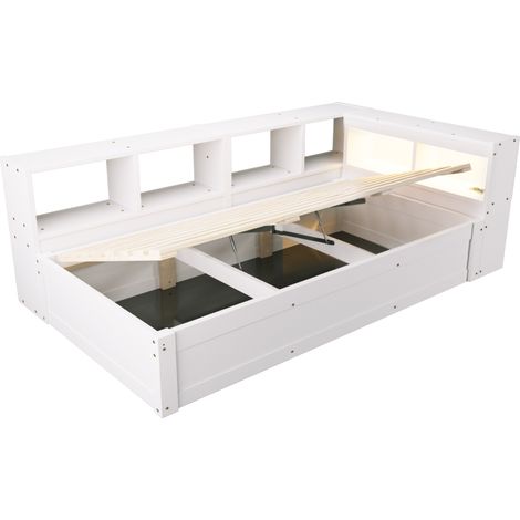 Letto multifunzione 90 x 200 cm con presa europea, vani contenitore e LED, bianco (1/5)