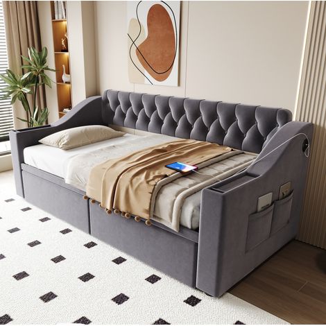 Lit rembourré 90x190 cm en velours gris foncé avec 2 tiroirs, tête de lit et ports USB