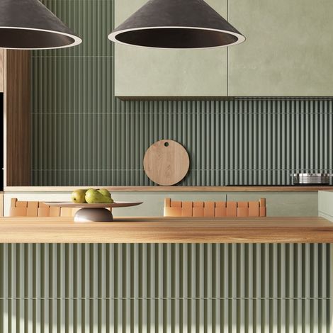 Glänzende Relief-Wandfliesen für den Innenbereich Grün Acanto 10x40 cm – V-Ribbed Olive (1/3)