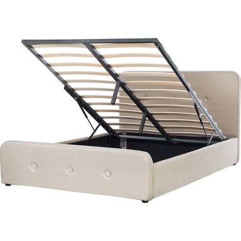 Cama tapizada en tela beige 140 x 200 cm con almacenamiento y somier patas de madera diseño moderno Rennes