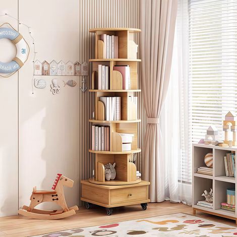 Libreria girevole 360° a 6 ripiani 46x46x173 cm - scaffale rotondo salvaspazio con ruote e cassetto per soggiorno camera ufficio - mdf stile casual - colore legno (1/5)