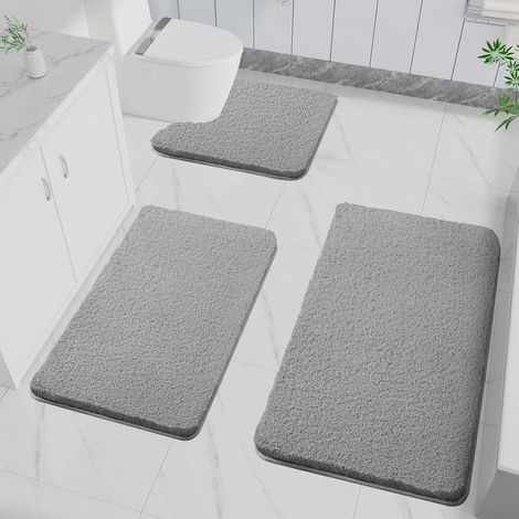 Lot de 3 tapis de bain antidérapants, doux, absorbant l'eau, en microfibre, pour la salle de bain, lavable en machine, pour baignoire, douche et salle de bain (gris foncé) (1/5)