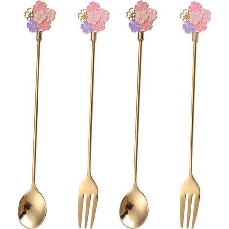 Ensemble de 4 pièces - Couverts en acier inoxydable avec cuillère et fourchette - Cuillères à dessert - Cuillère à dessert en acier inoxydable - Idéal pour le camping, la maison ou les fêtes - Deux de (1/5)
