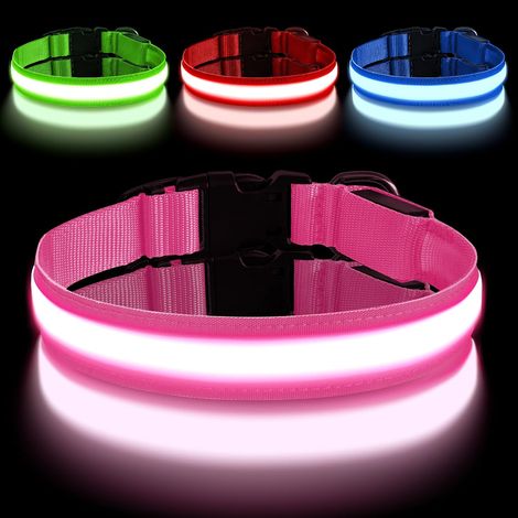Collar LED recargable para perros con puerto USB tipo C, ajustable, con 3 modos de iluminación, resistente al agua, para perros pequeños, medianos y grandes (L, rosa). (1/5)