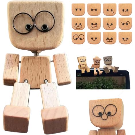 Secouer l'homme en bois,Secouer la figurine de l'homme en bois avec 12 expressions magnétiques,Figurine de tableau de bord drôle, pour les accessoires de voiture et la décoration de bureau (1/5)