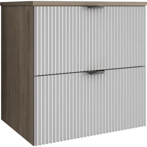 Mobile da bagno con frontale scanalato 60 cm con 2 cassetti, noce scuro (MDF), con frontali bianchi, con maniglia nera, 60 x 47 x 60 cm (1/5)