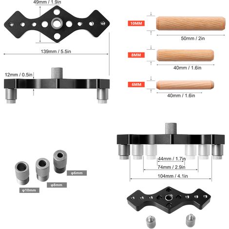 Gerade Bohrschablone für die Holzbearbeitung, schwarze Aluminiumlegierung + Set mit 7 Bohrern + 60 mm Holzdübel. (1/5)