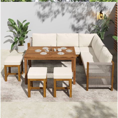 Set di mobili da giardino in acacia e corda beige e naturale, con tavolo, divano angolare e 3 sgabelli, 7-8 posti (1/5)