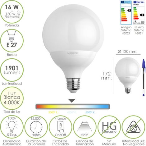 Bombilla Led Globo Rosca E27. 16 Watt. Equivale A 130 Watt. 1901 Lumenes. Luz Blanca (4000º K.)
