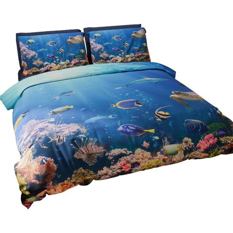 Housse de Couette 1 Place 150x200 cm 1 Taie 50x80 cm Incluse, Parure en Microfibre Imprimée Aquarium (1/5)