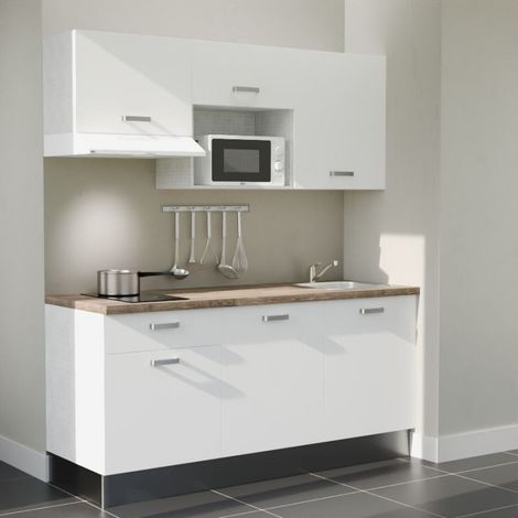 Kitchenette K30L-PT - 180 cm - plan stratifié, évier inox, - Façade Blanc - Plan Bois - Evier Inox - Crédences Non + Electroménager inclus coloris Blanc (1/5)