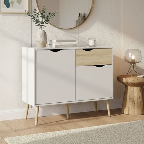 Dmora Aparador con dos puertas y un cajón, blanco y roble, Medidas 98 x 81 x 39 cm, con embalaje reforzado (1/5)