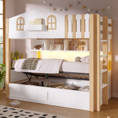 Lit superposé blanc‑naturel 90×200 cm, rangement hydraulique, éclairage LED, compartiment ouvert, échelle optionnelle (sans matelas) (1/5)
