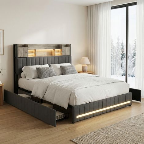 Lit avec 4 tiroirs 140x190, lit double avec éclairage LED & station de charge (USB/Type-C), lit adulte, tête de lit avec rangement, lin, style scandinave moderne(140x190cm, Gris)