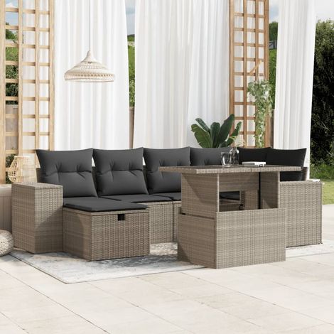 vidaXL Set de sofás de jardín 7 pzas con cojines ratán PE gris claro (1/5)