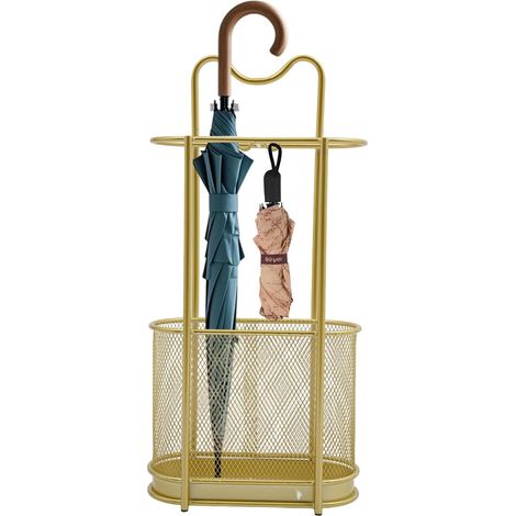 Porte-parapluie avec plateau de récupération d'eau et 4 crochets, 30 x 15 x 60 cm, charge maximale : 9 kg, porte-parapluie, pour entrées de porte, bureaux, supermarchés (doré) (1/5)