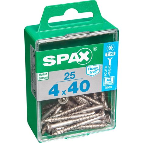 Spax Vis acier inoxydable, 4 x 40 mm, 25 unités, Filetage partiel, Tête fraisée, T-STAR plus T20, 4CUT, Acier inoxydable inoxydable A2 - 4197000400402