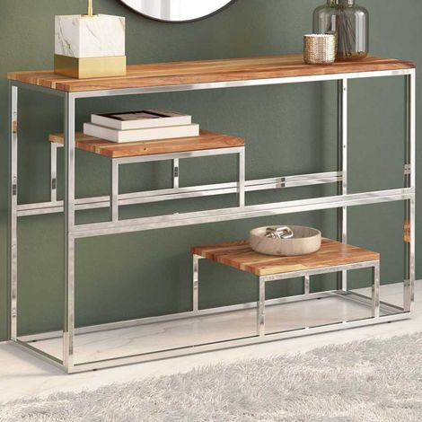 vidaXL Mesa consola acero inoxidable plateado y madera maciza acacia (1/5)