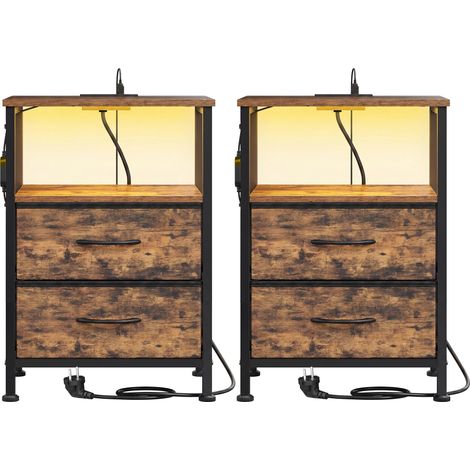 Table de Chevet avec Éclairage LED et Multiprise, Lot de 2, 2 Tiroirs et 1 Compartiment Ouvert, Marron