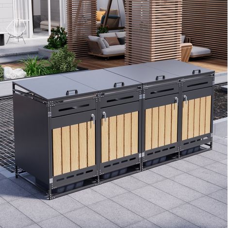 Armario cubre cubos de basura de hierro negro, 4 compartimentos, tapa hidráulica, puertas imitación madera y cerradura (1/5)