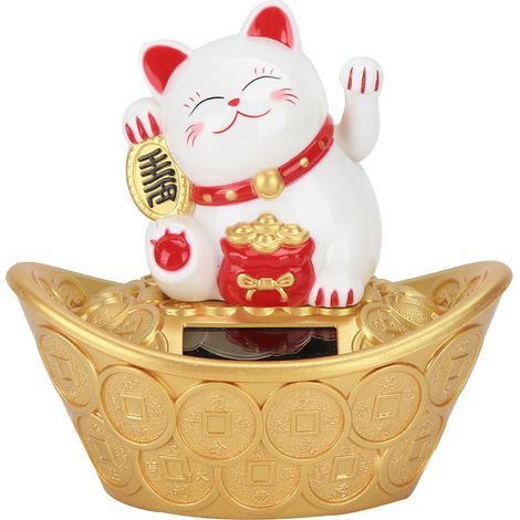 Simpatico gatto portafortuna a energia solare, in stile cartone animato, che saluta con la mano, una decorazione felina di benvenuto per la casa, il ristorante o il negozio. Bianco. (1/5)