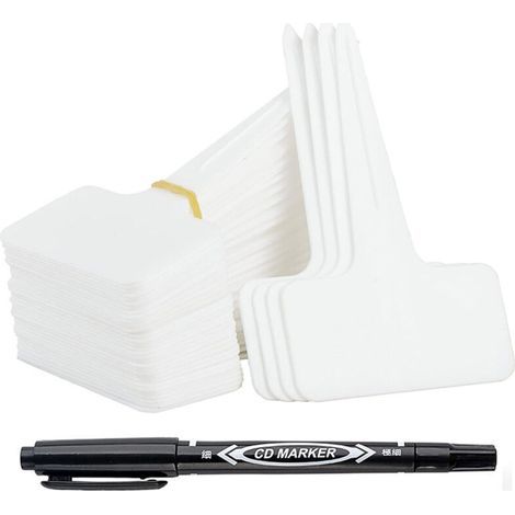 100 Reusable Outdoor Garden Labels - T-Type Plastic Plant Markers with Waterproof Pen - Vegetable Garden Labeling and Plant Accessories (White) (1/4)