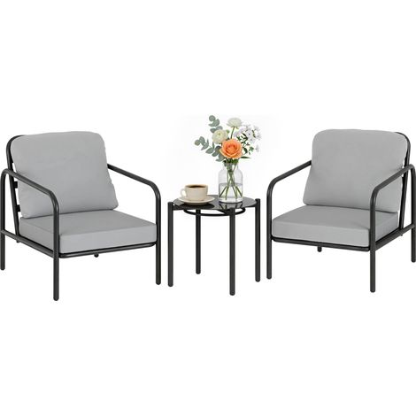 Set de Bistrot 3 Pièces en Acier avec 2 Chaises à Coussin Épais et Table Ronde en Verre Trempé Noir