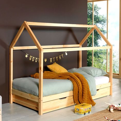 Lit cabane gigogne 90x200 pin massif clair Kali (1/3)
