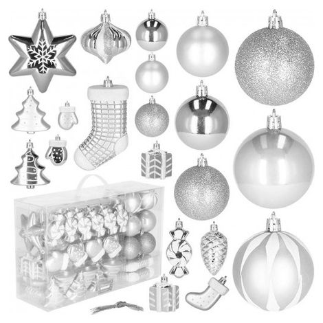 Weihnachtskugeln 77 Stk. Christbaumschmuck aus Kunststoff Silber