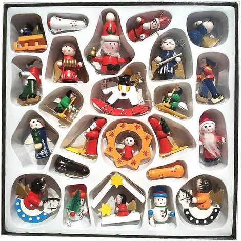 Ensemble de 24 décorations de Noël en bois, miniatures, artisanales, pour sapin de Noël et fêtes.-24pcs