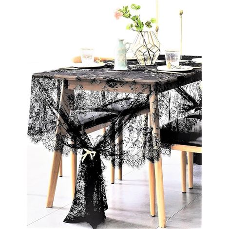 Nappe de Table en Dentelle Noire Brodée à Roses, 120 x 60 Pouces, Décoration Romantique Bohème pour Mariage, Baby Shower et Tea-Party en Extérieur (1/4)