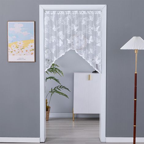 Cortina de cocina blanca (110 x 110 cm) - Mariposas y flores, velo de encaje bordado transparente, con ojales, poliéster - Para cocina/salón (1/5)