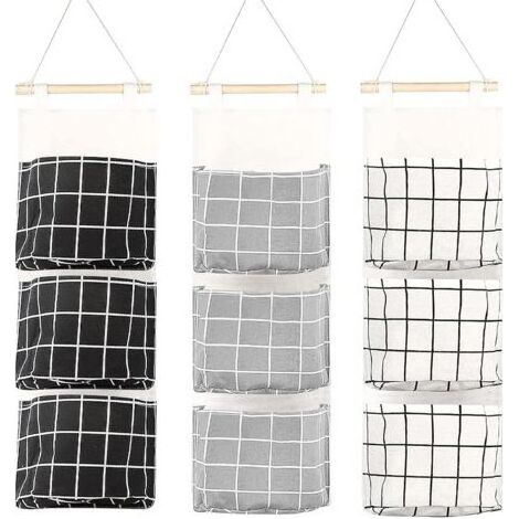ALLIANDIS3 Pièces Sac De Rangement Mural, 58 x 20cm Sac à Suspendre Empilable à 3 Couches - Tissu De Lin Imperméable Organisateur De Poche Large Suspendu pour Chambre à Coucher Salle De Bain Cuisine (1/5)