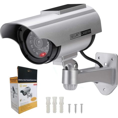 Fausse caméra de sécurité CCTV imitation, fausse caméra de surveillance solaire en forme de balle de lampe LED, fausse caméra CCTV pour usage intérieur extérieur domestique et commercial，Argent
